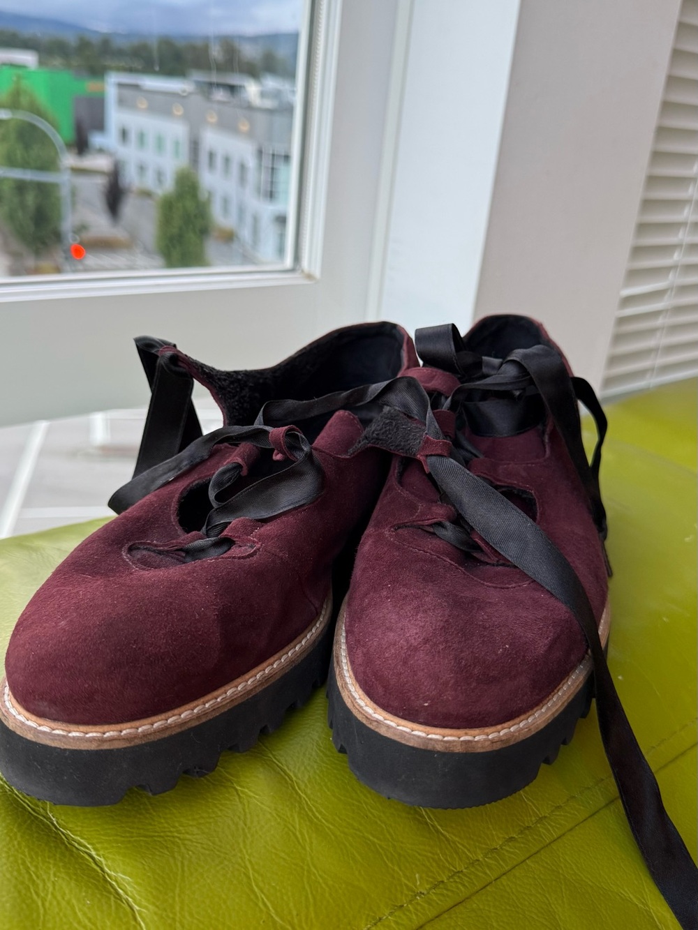 Burgundy Suede Ribbon Lace-Up Chunky Platform Sneakers
